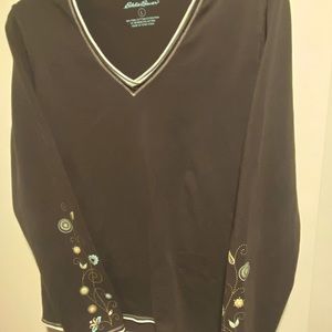 •Eddie Bauer Brownish/Gray V-Neck Long Sleeve W/ Floral Sleeves•